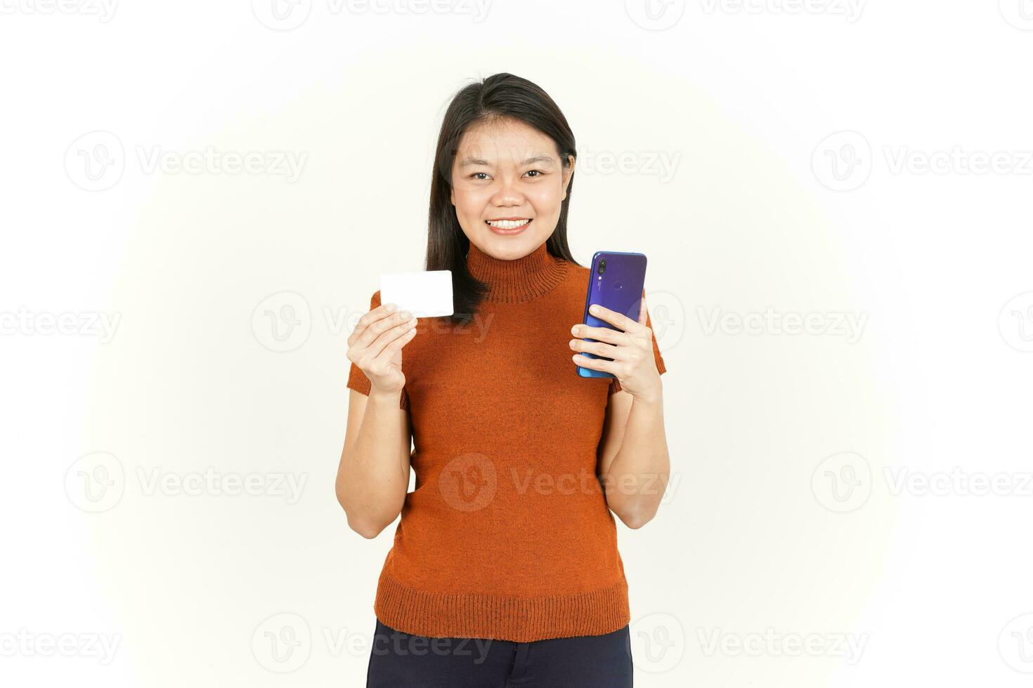 Holding Smartphone and Blank Bank Card or Credit Card Of Beautiful Asian Woman Isolated On White photo