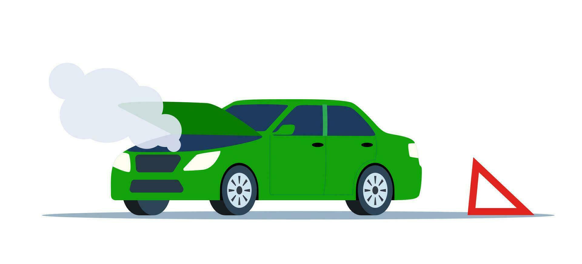 Car breakdown on the road emitting smoke with the hood open and warning sign behind. Vector illustration.