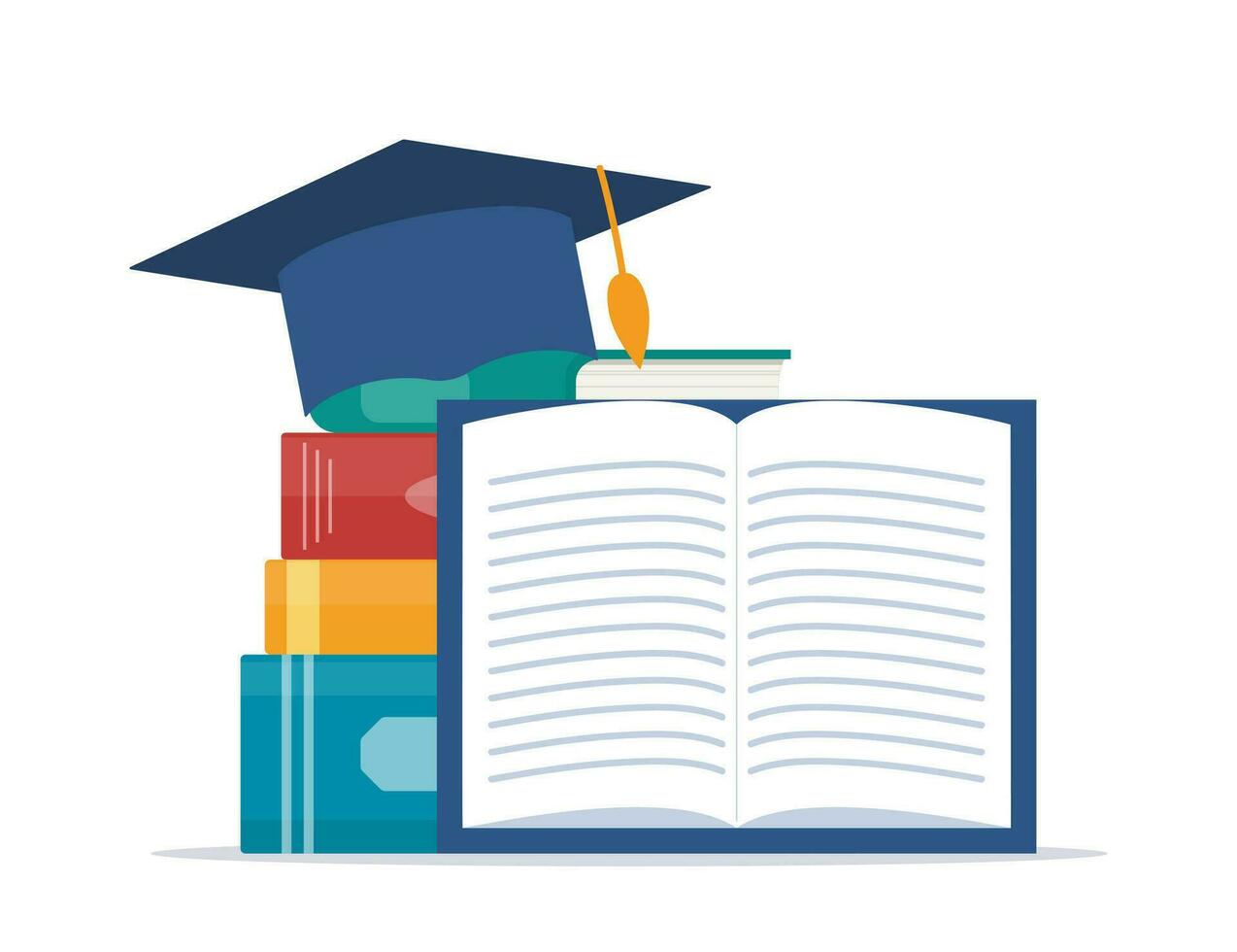 Black graduation cap on stack of books. Education and graduation concept. Vector illustration in flat style.