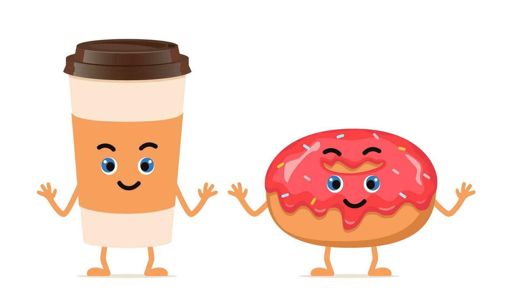 Donut and coffee, cute happy characters for menu, banner. Breakfast, food, bakery concept. Vector illustration.