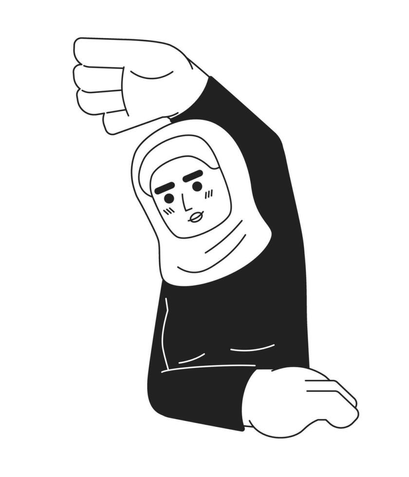 Hijab young adult woman stretching arm exercise black and white 2D cartoon character. Workout fitness muslim female isolated vector outline person. Girl athlete monochromatic flat spot illustration
