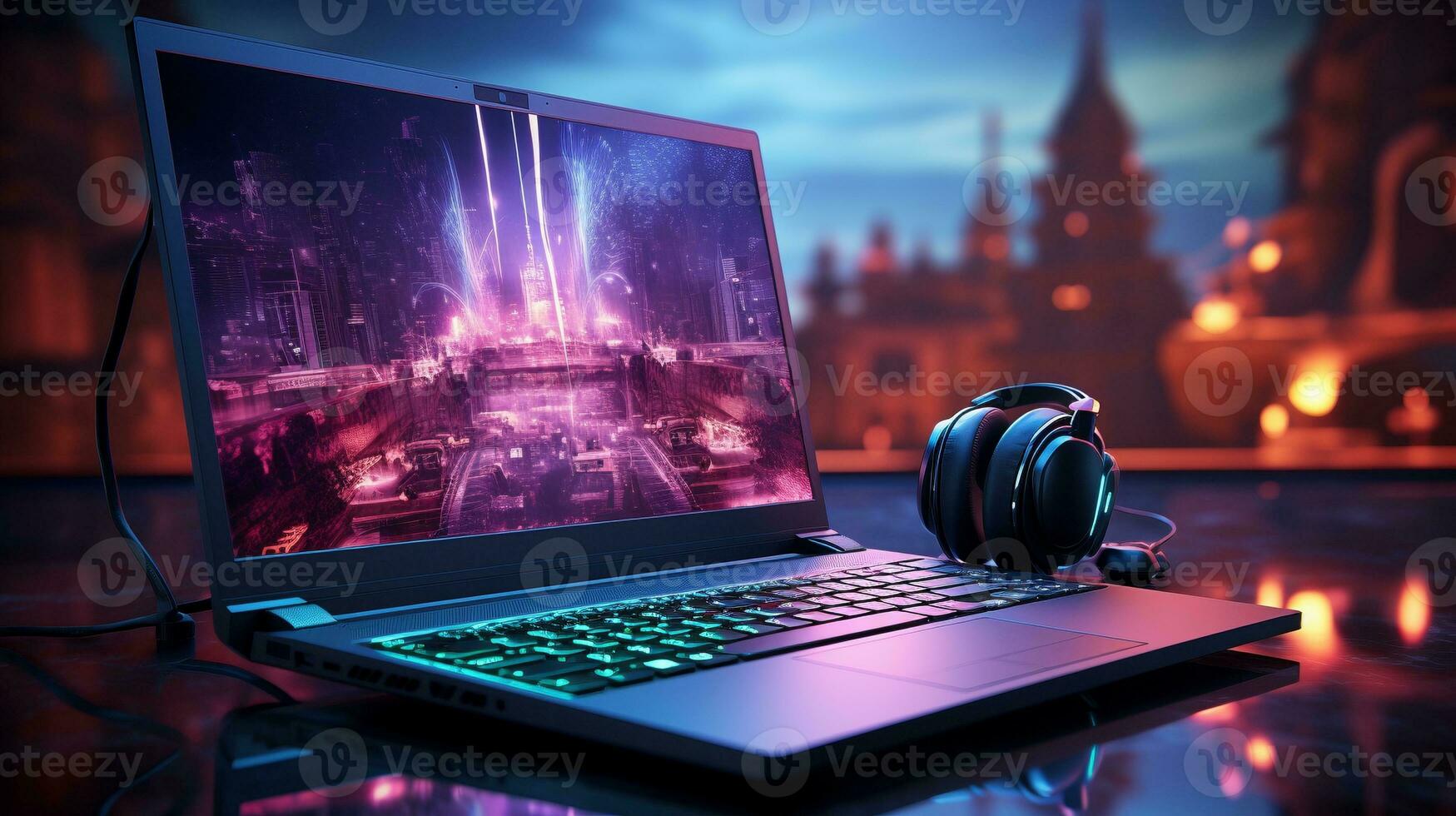 AI generated Neon headphones gaming ai generated laptop template photo