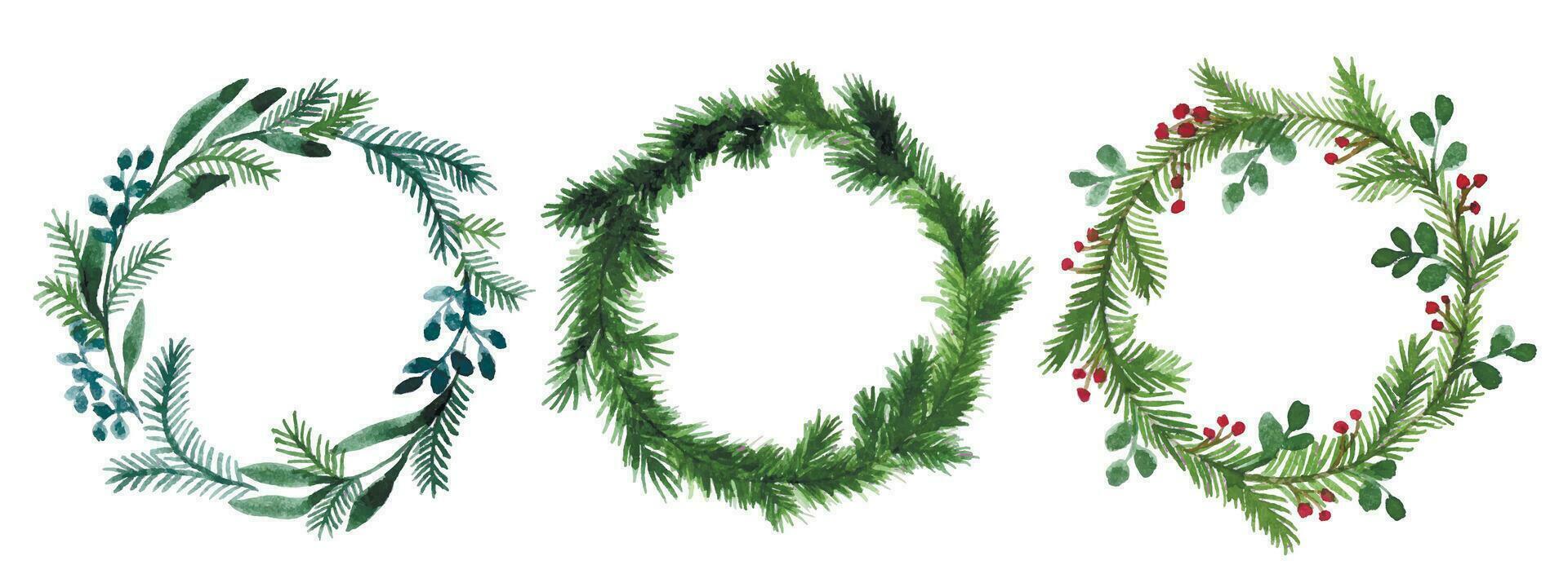 watercolor drawing, set of Christmas wreaths. New Year's festive wreaths, round frames of green leaves and christmas tree branches. christmas clip-art for greeting vector