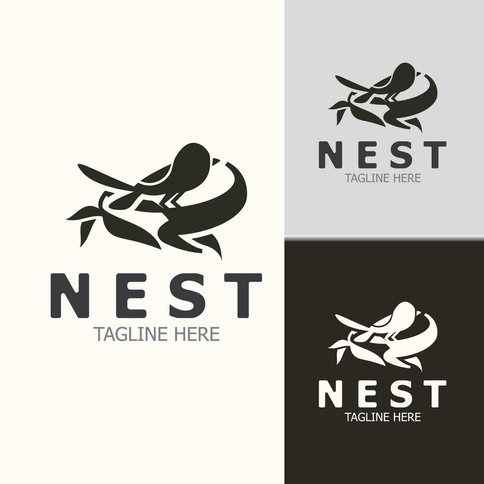 Bird nest logo natural root and leaf habitat bird house isolated template vector