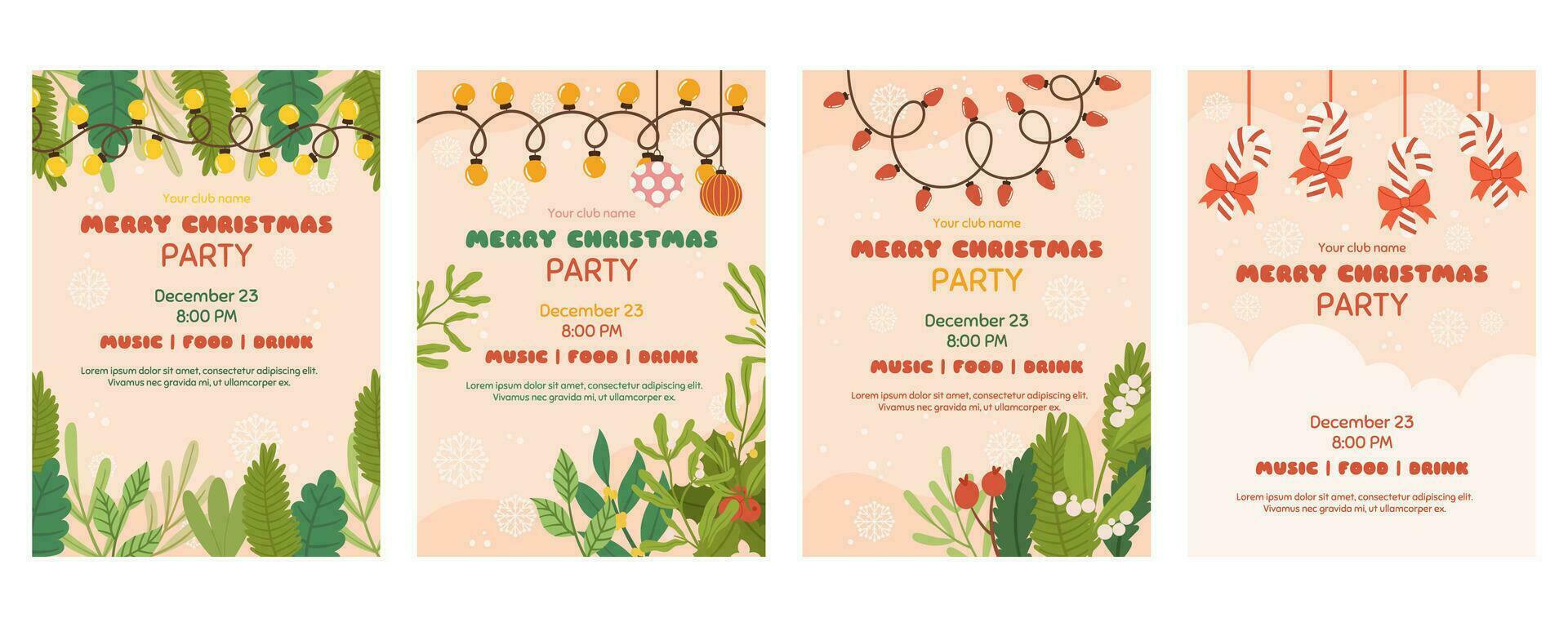 Christmas poster template with copy space, Invitation for Xmas party. Vertical flyer decorated with spruce plants branches, tree toys, light garland, candy cane and red bow vector