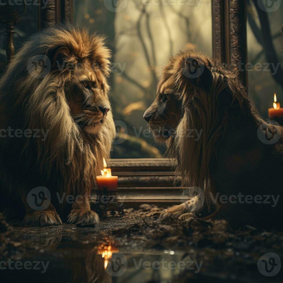 AI generated Night View Photo Realistic Animal Looking into Mirror in Room with Light Bulb Generative AI