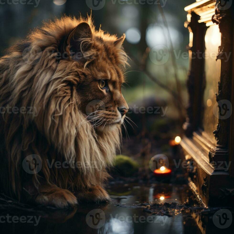 AI generated Lion in Room Realistic Animal Looking into Mirror at Night with Light Bulb Generative AI photo