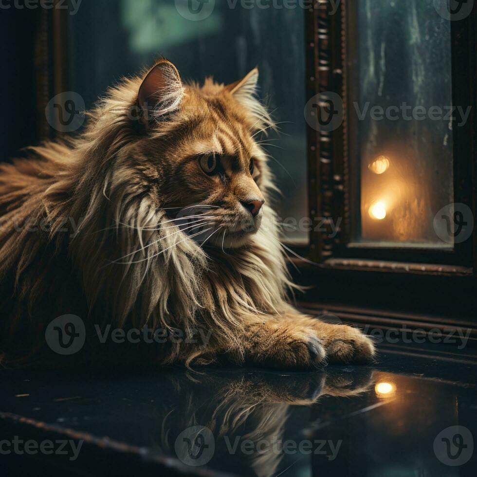 AI generated Lion in Room Realistic Night View Image with Light Bulb Looking into Mirror Generative AI photo