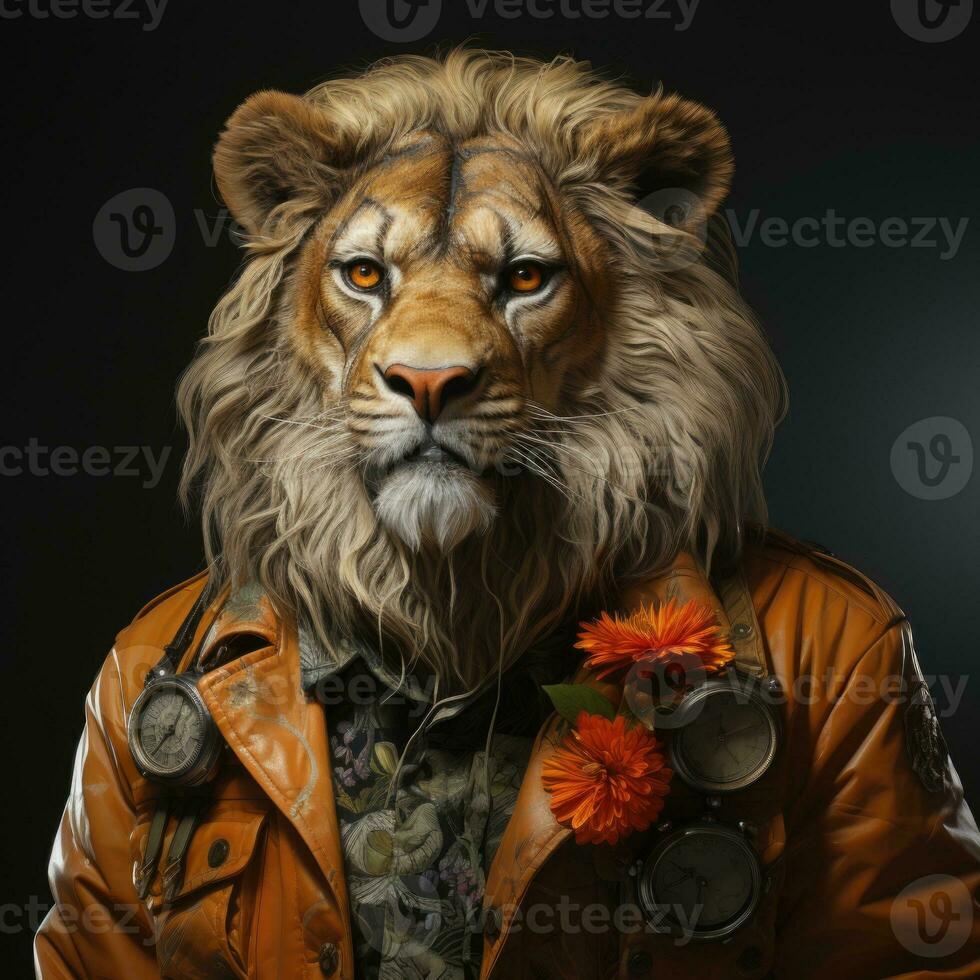 AI generated Night View Photo Realistic a Lion in Man Suit Looking at Camera with Paint Coat Generative AI