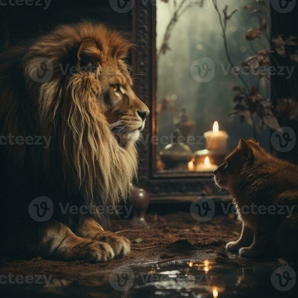 AI generated Night View Room Realistic Animal Looking into Mirror with Light Bulb Image Generative AI photo