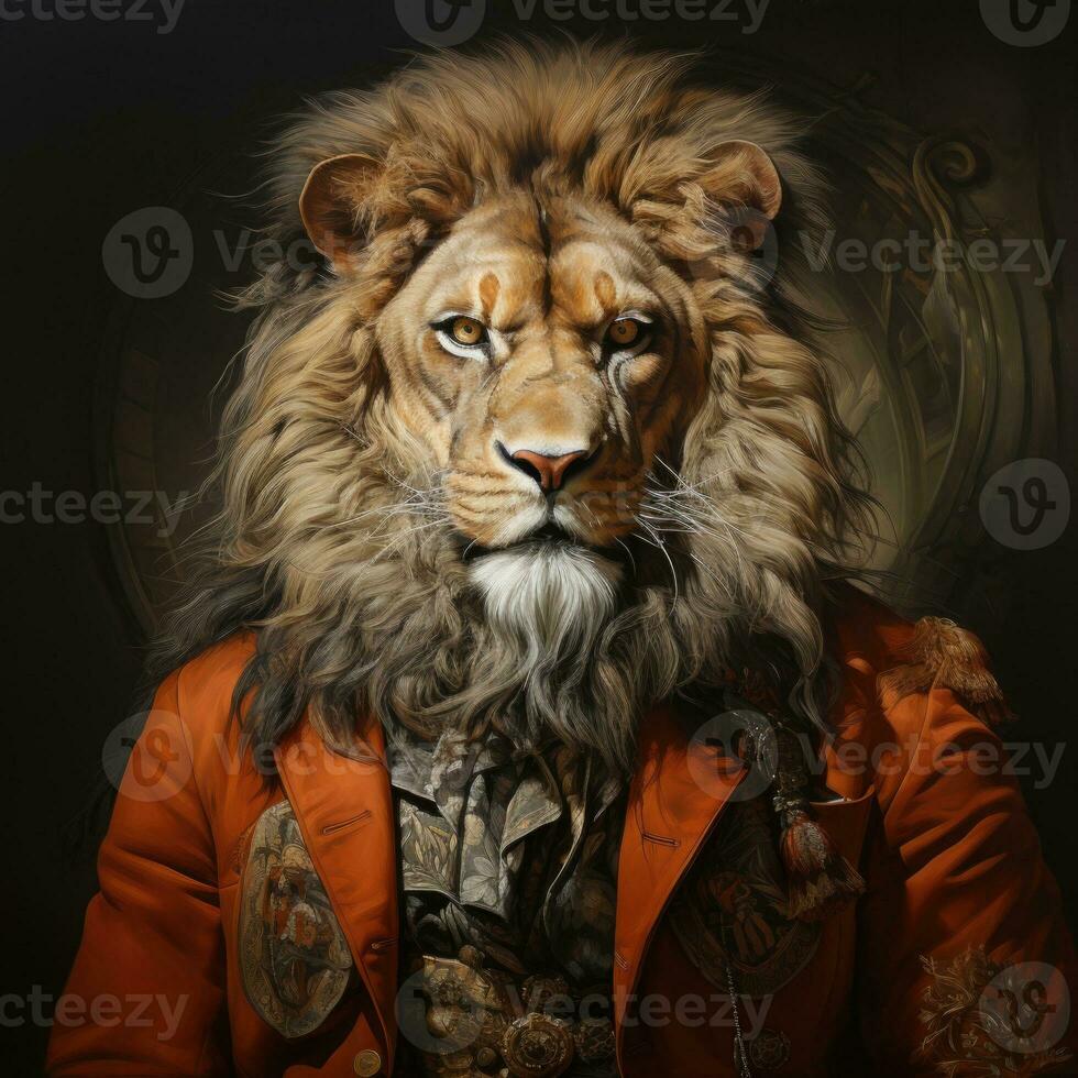 AI generated Realistic Animal Image a Lion in Man Suit Looking at Camera at Night in Paint Coat Generative AI photo