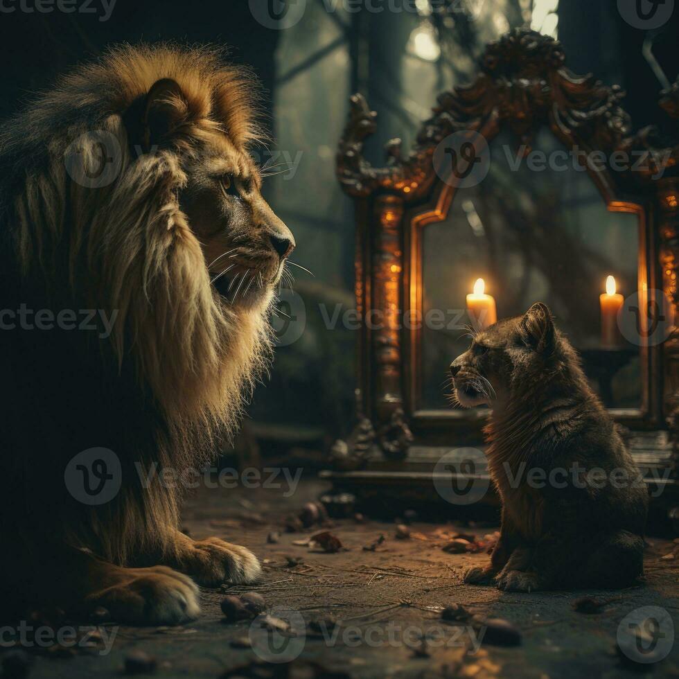 AI generated Realistic Animal Image Looking into Mirror in Room Night View with Light Bulb Generative AI photo