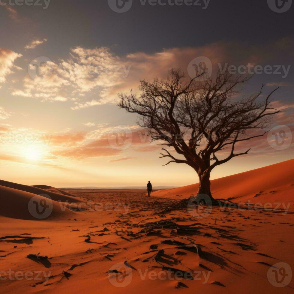 AI generated Realistic Desert Sunset Image Man Standing by Tree in Abstract Background Generative AI photo