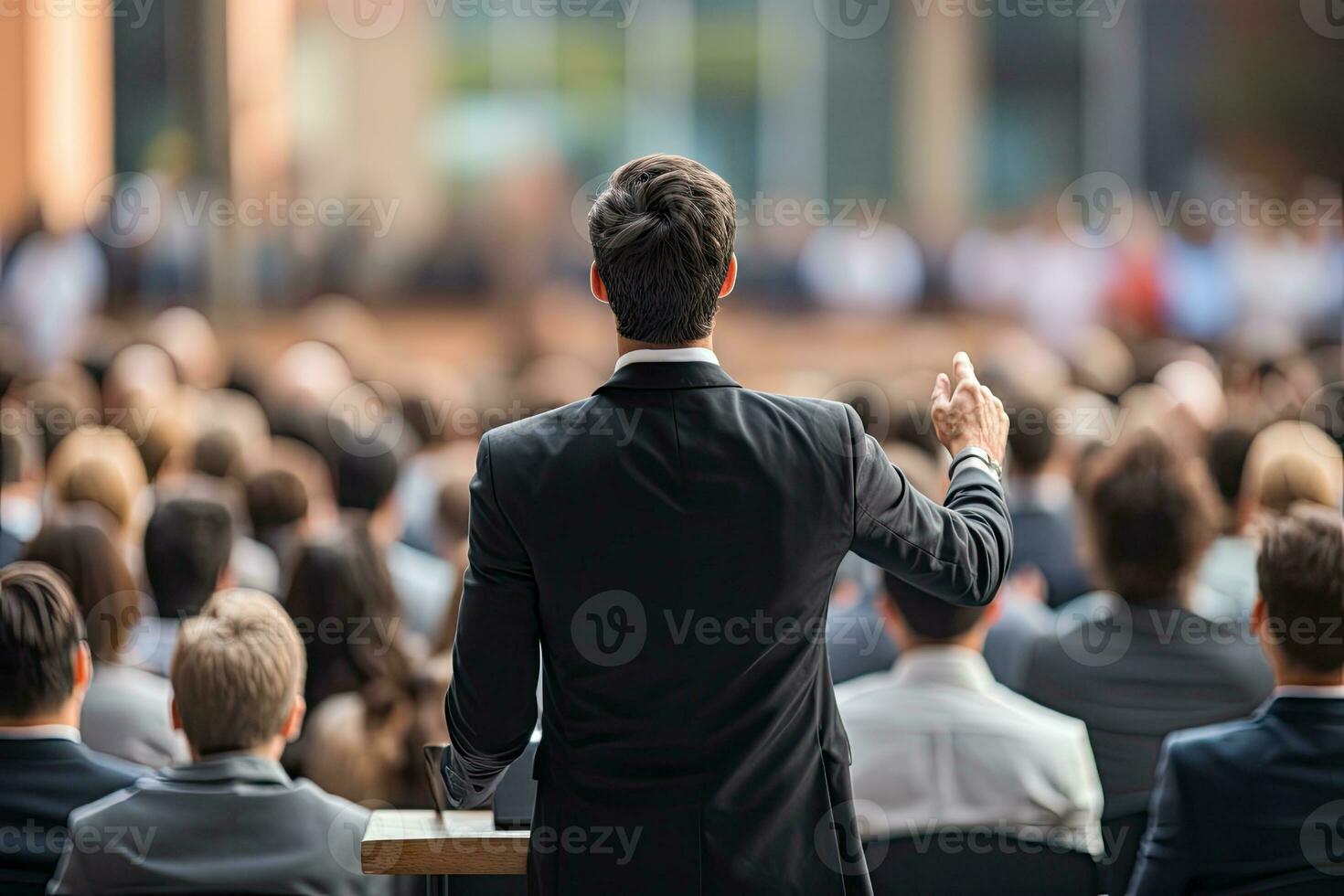 AI Generated Back view of the presenting business man front of people.by Generative AI. photo