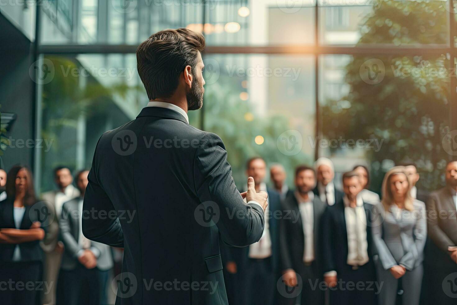 AI Generated Back view of the presenting business man front of people.by Generative AI. photo