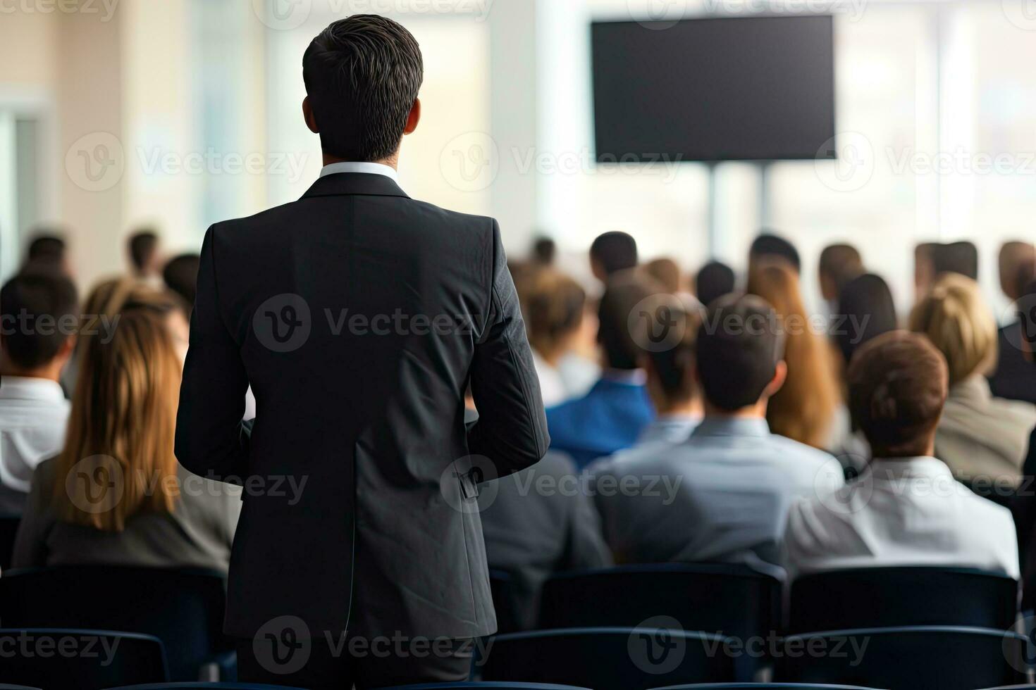 AI Generated Back view of the presenting business man front of people.by Generative AI. photo