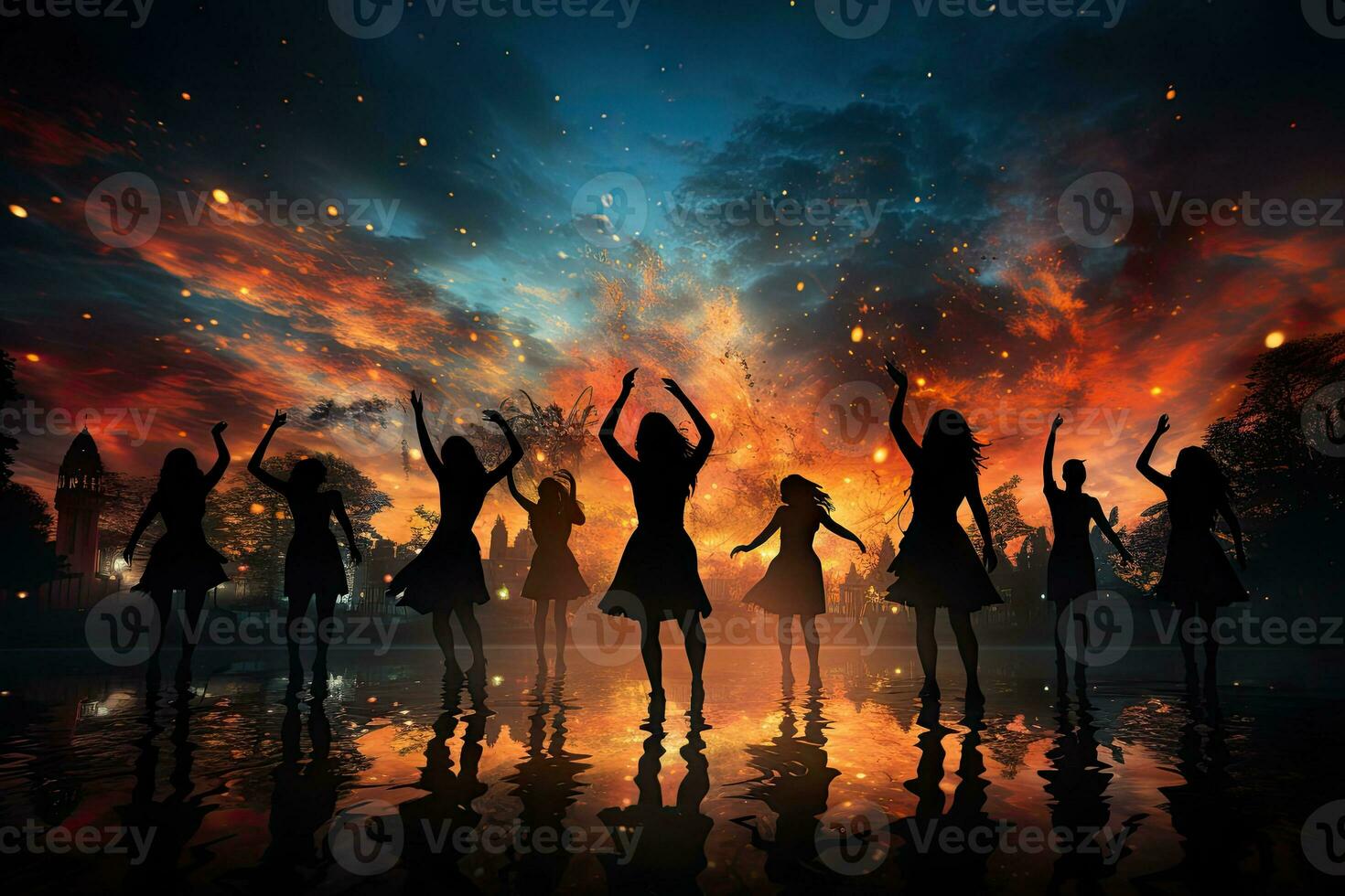 AI Generated Unique people dancing silhouettes with firework background.by Generative AI. photo