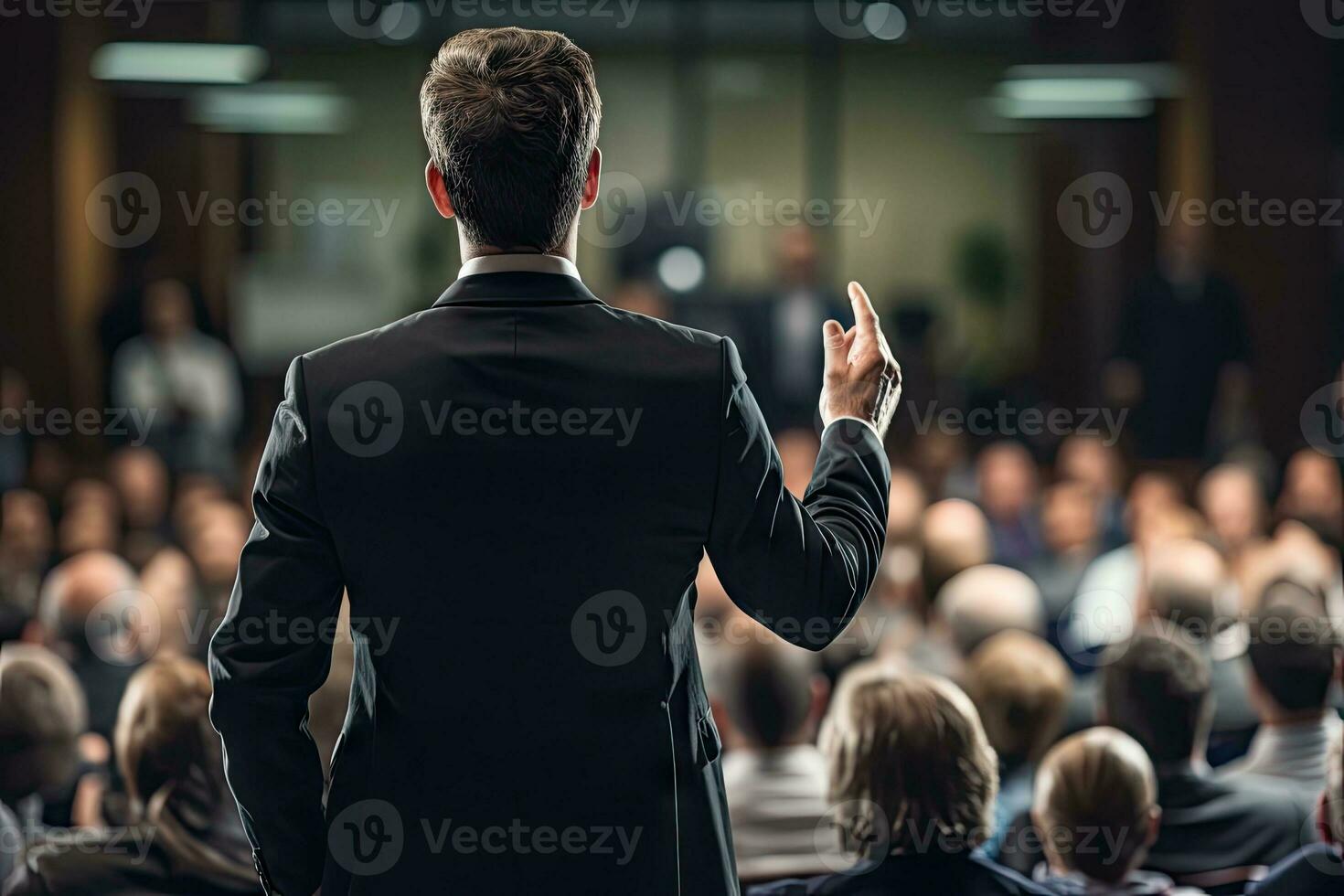AI Generated Back view of the presenting business man front of people.by Generative AI. photo