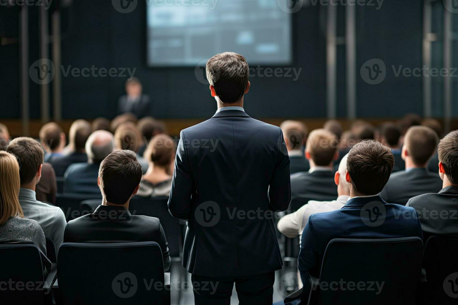 AI Generated Back view of the presenting business man front of people.by Generative AI. photo