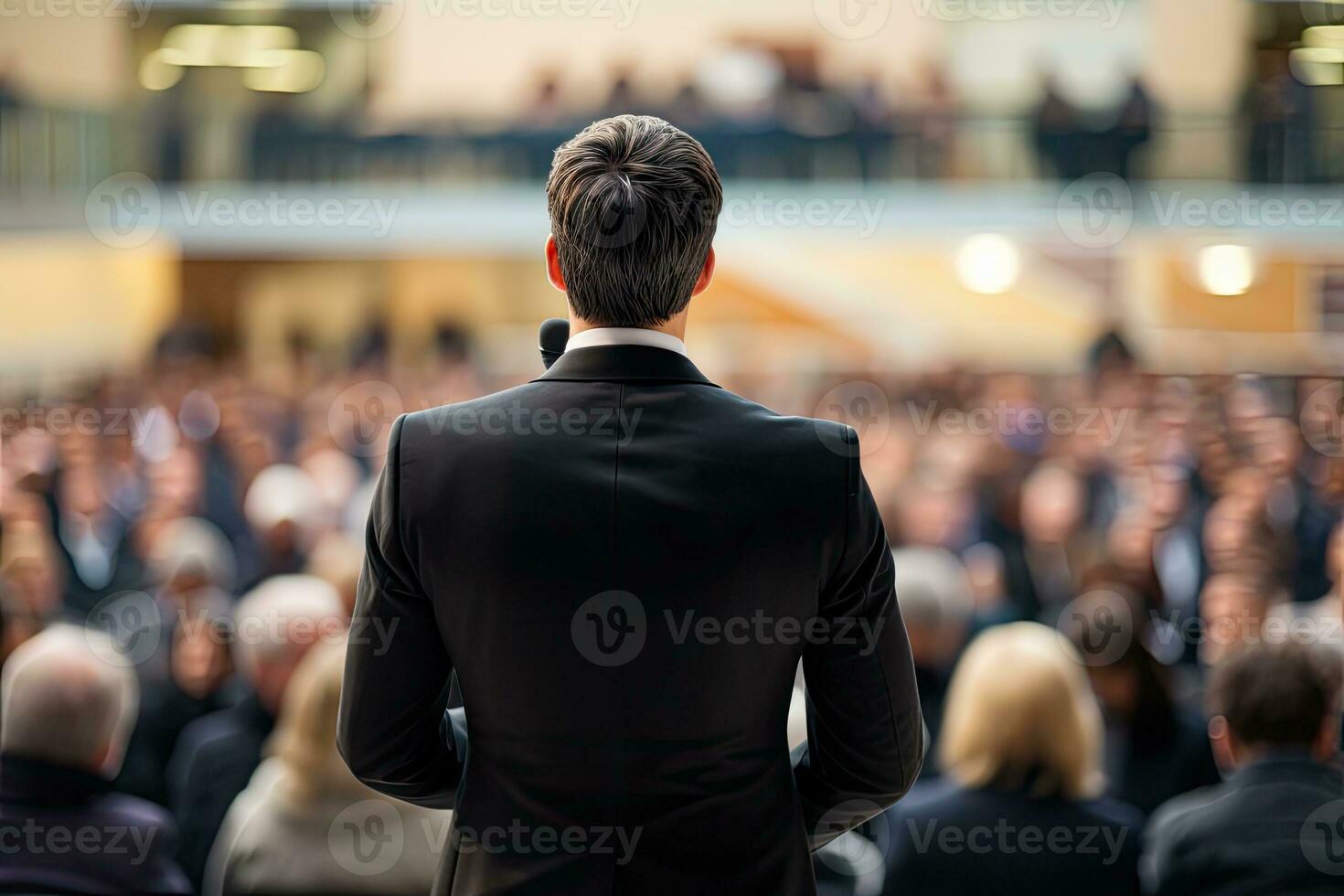 AI Generated Back view of the presenting business man front of people.by Generative AI. photo