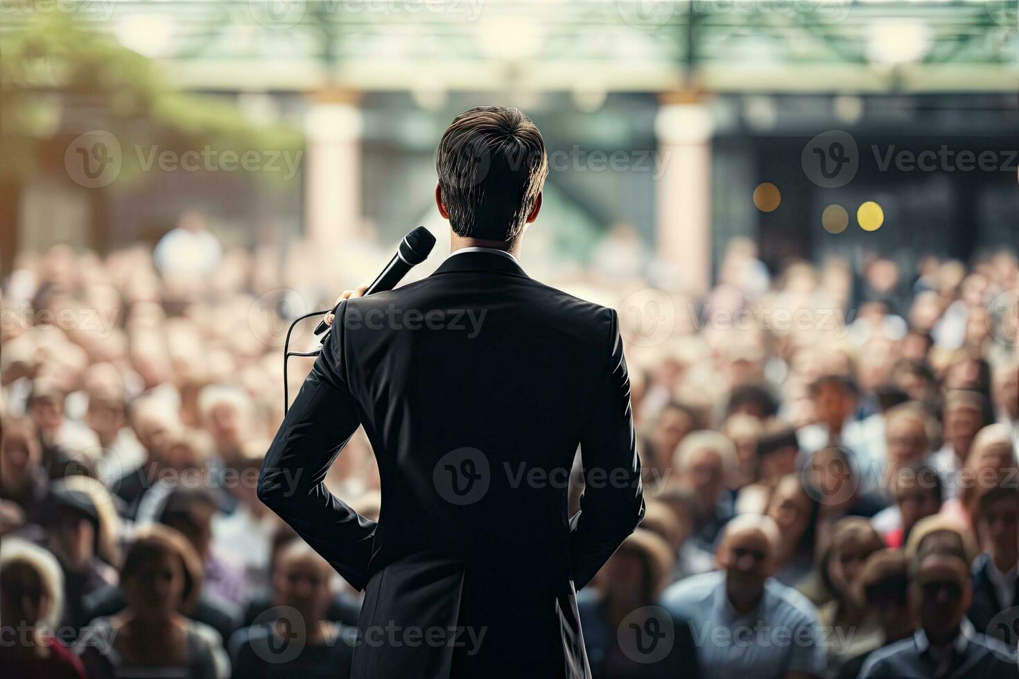 AI Generated Back view of the presenting business man front of people.by Generative AI. photo