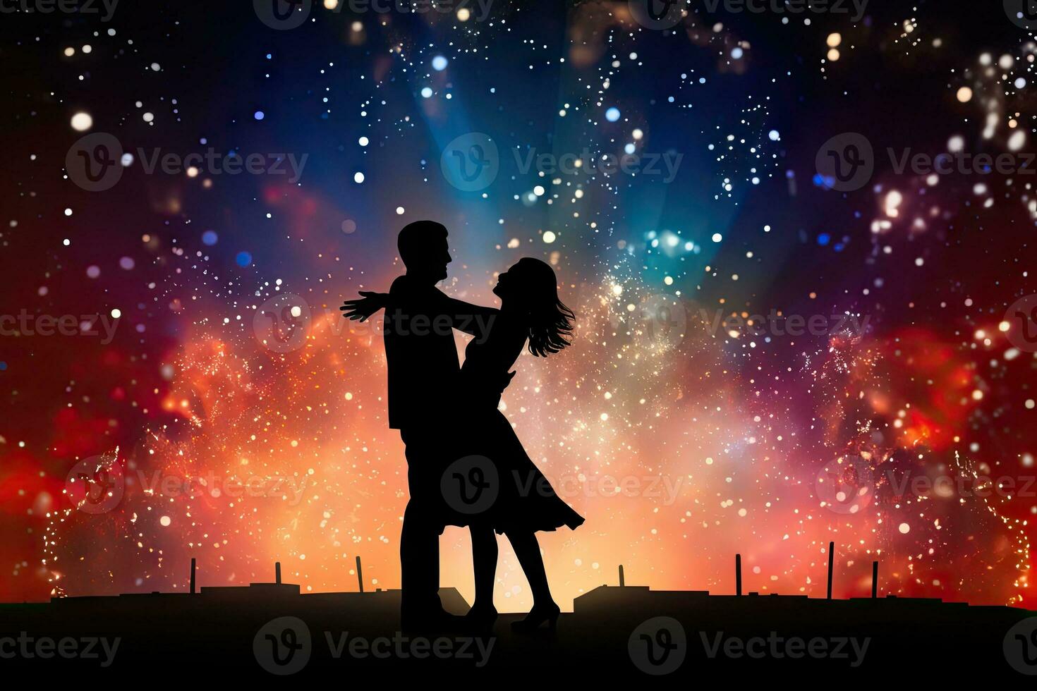 AI Generated Unique people dancing silhouettes with firework background.by Generative AI. photo