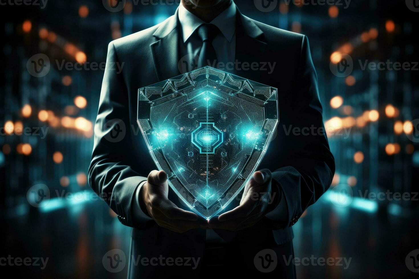 AI Generated Cyber security safe data protection business technology privacy concept. Businessman holding shield protect security icon security on the virtual display.Information security system photo