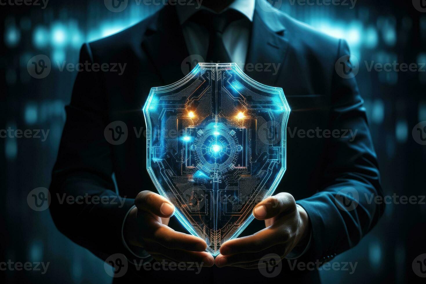 AI Generated Cyber security safe data protection business technology privacy concept. Businessman holding shield protect security icon security on the virtual display.Information security system photo