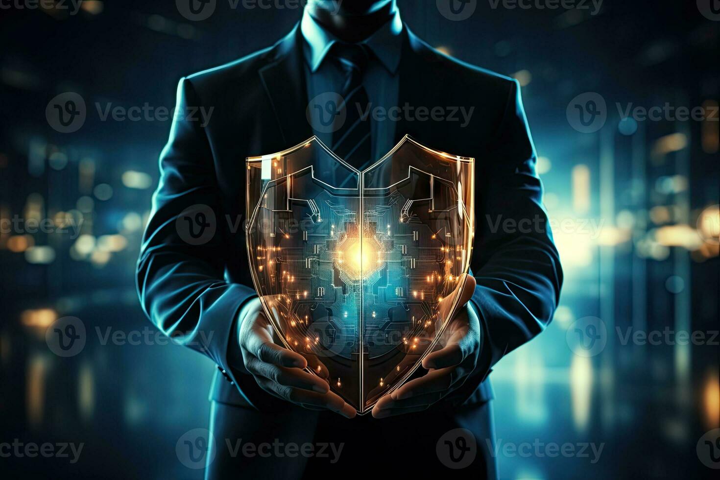 AI Generated Cyber security safe data protection business technology privacy concept. Businessman holding shield protect security icon security on the virtual display.Information security system photo