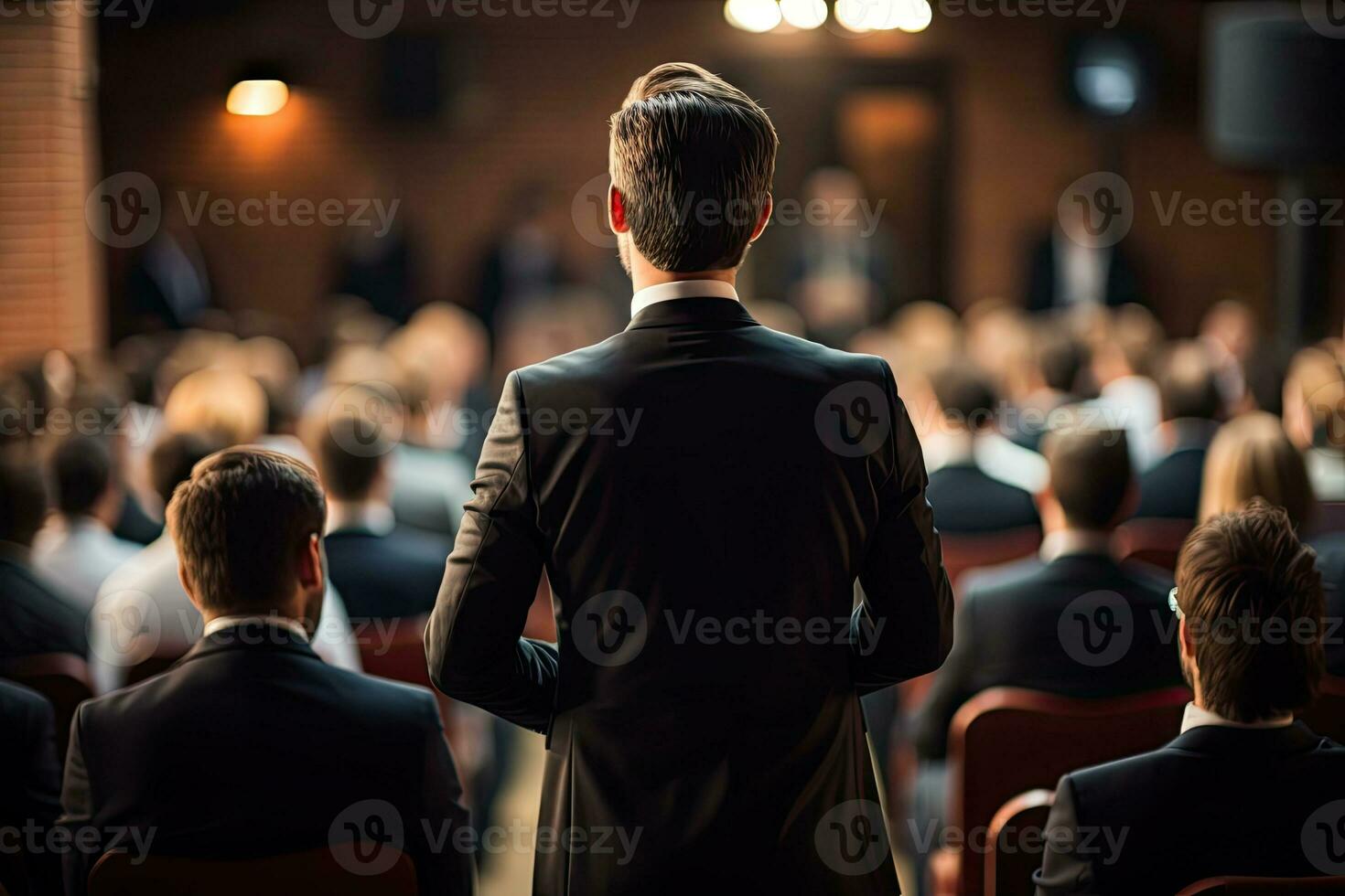 AI Generated Back view of the presenting business man front of people.by Generative AI. photo