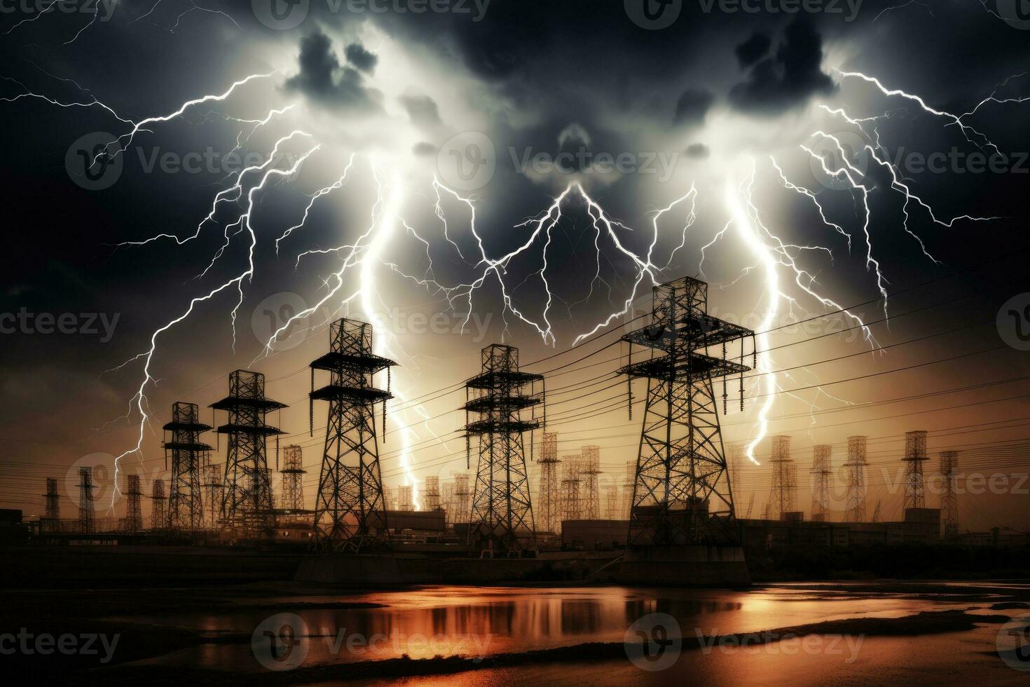AI Generated image of intense downpour, tempest with lightning and gloomy skies above electrical towers.by Generative AI photo
