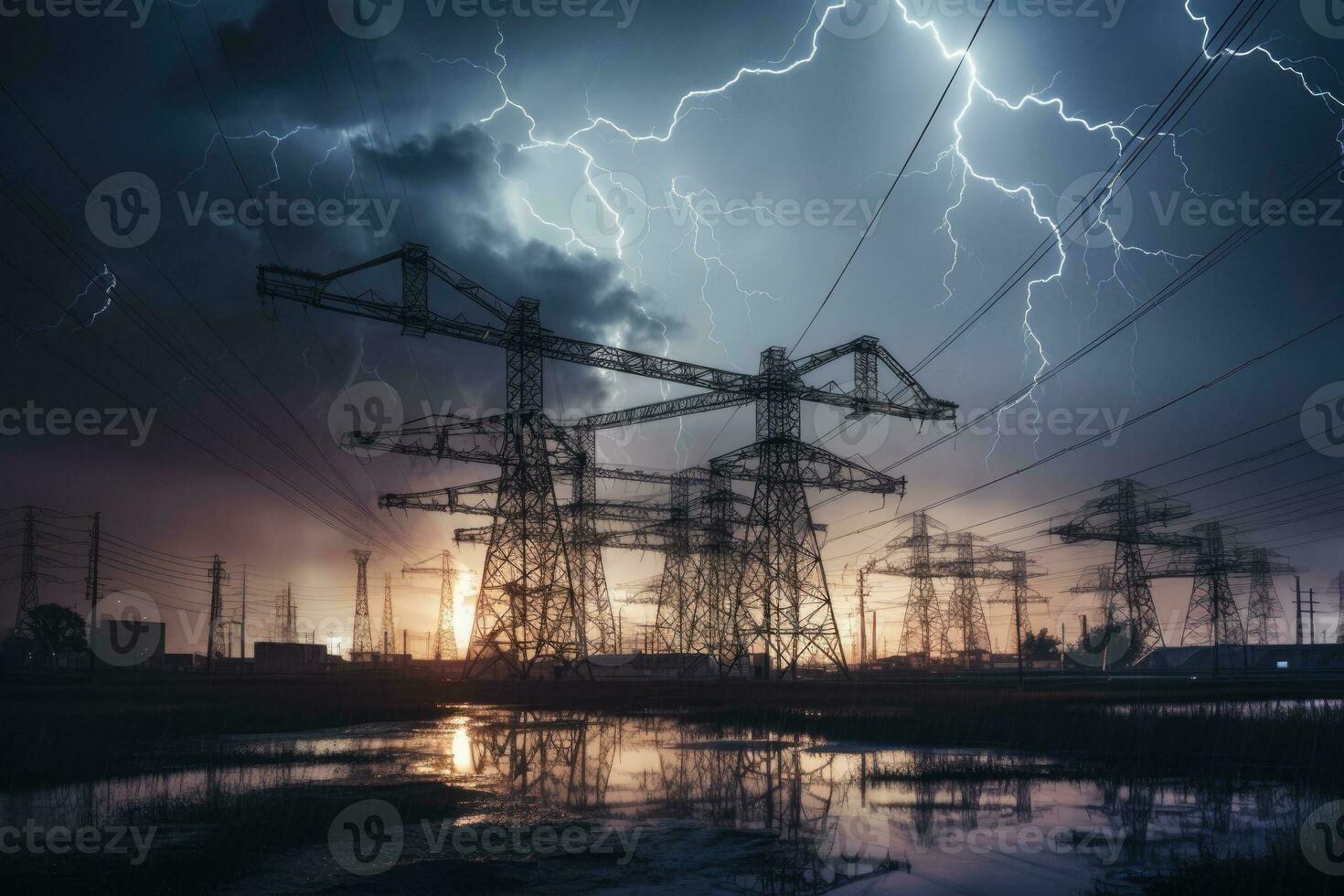 AI Generated image of intense downpour, tempest with lightning and gloomy skies above electrical towers.by Generative AI photo