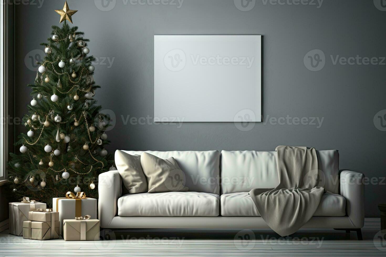 AI Generated Living room decorated for Christmas with trees, gifts, walls, posters, canvas, full screen mockup, paint, frames. by Generative AI photo