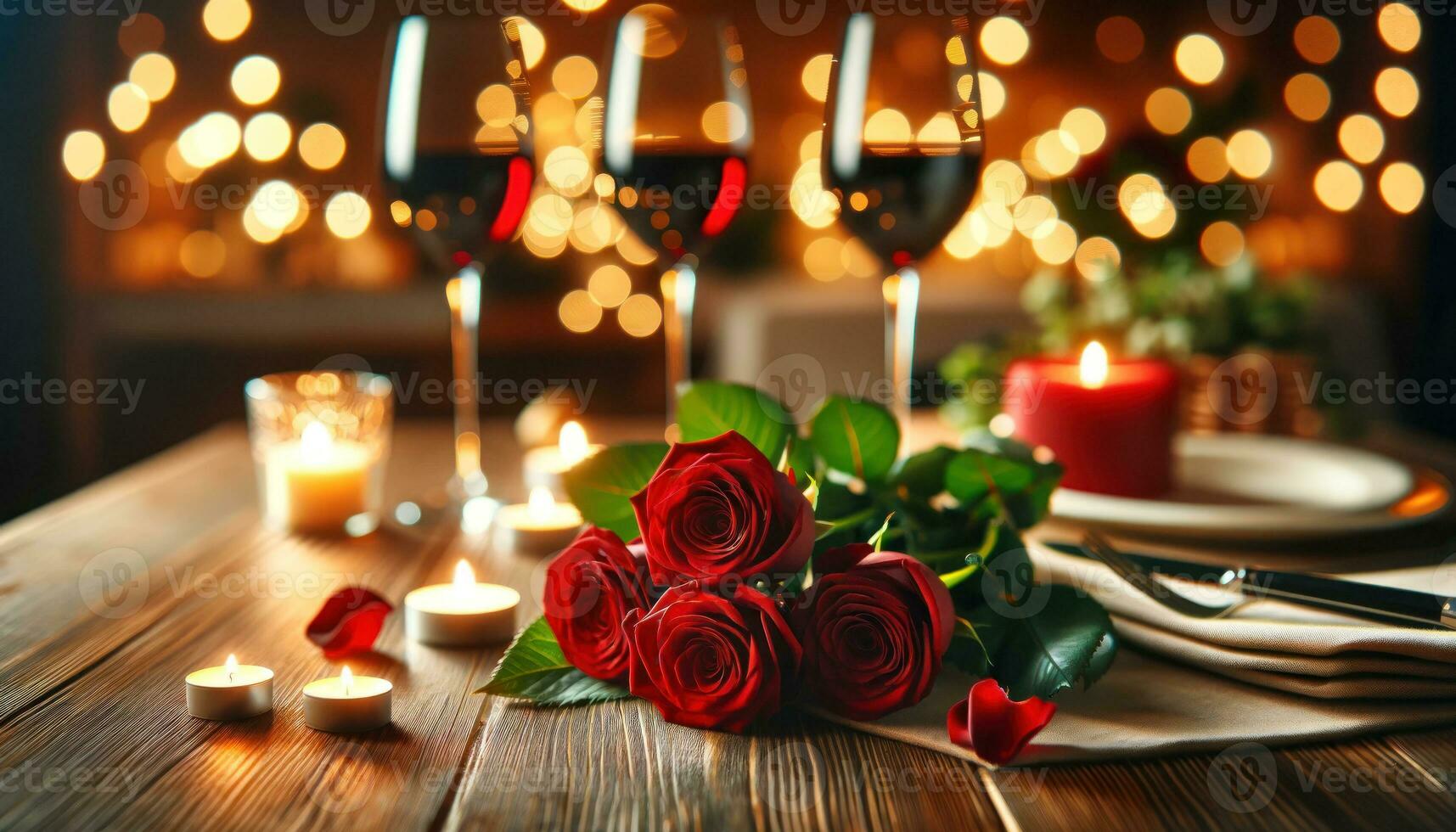 AI generated Intimate Dinner for Two Romantic Wine and Roses Setting photo