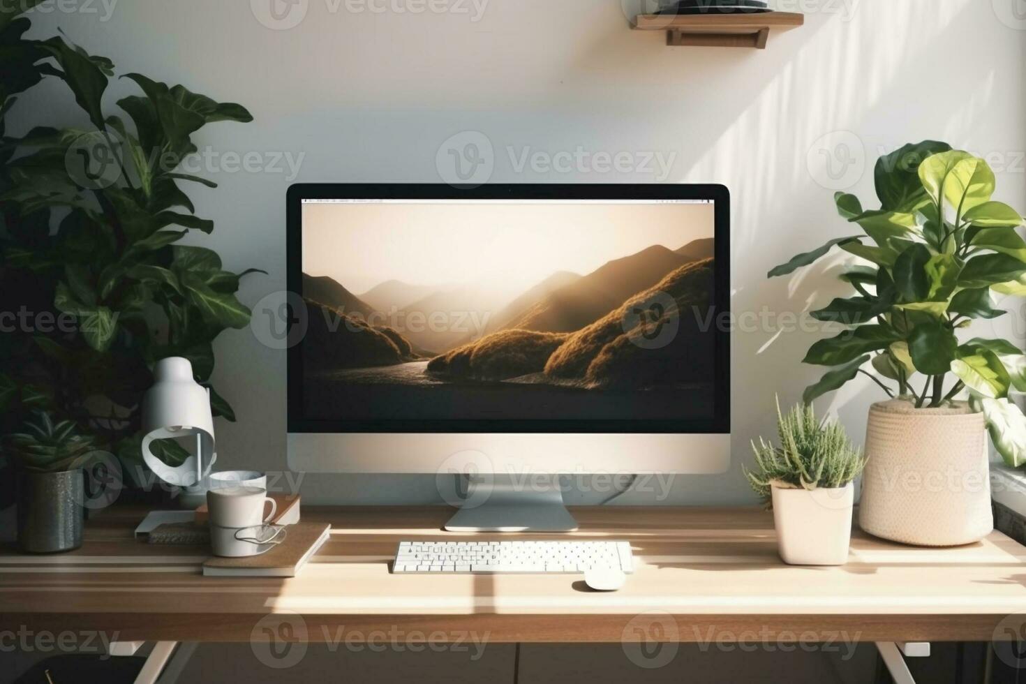 AI generated Serene Workspace with a Computer and Lush Greenery Created With Generative AI Technology photo