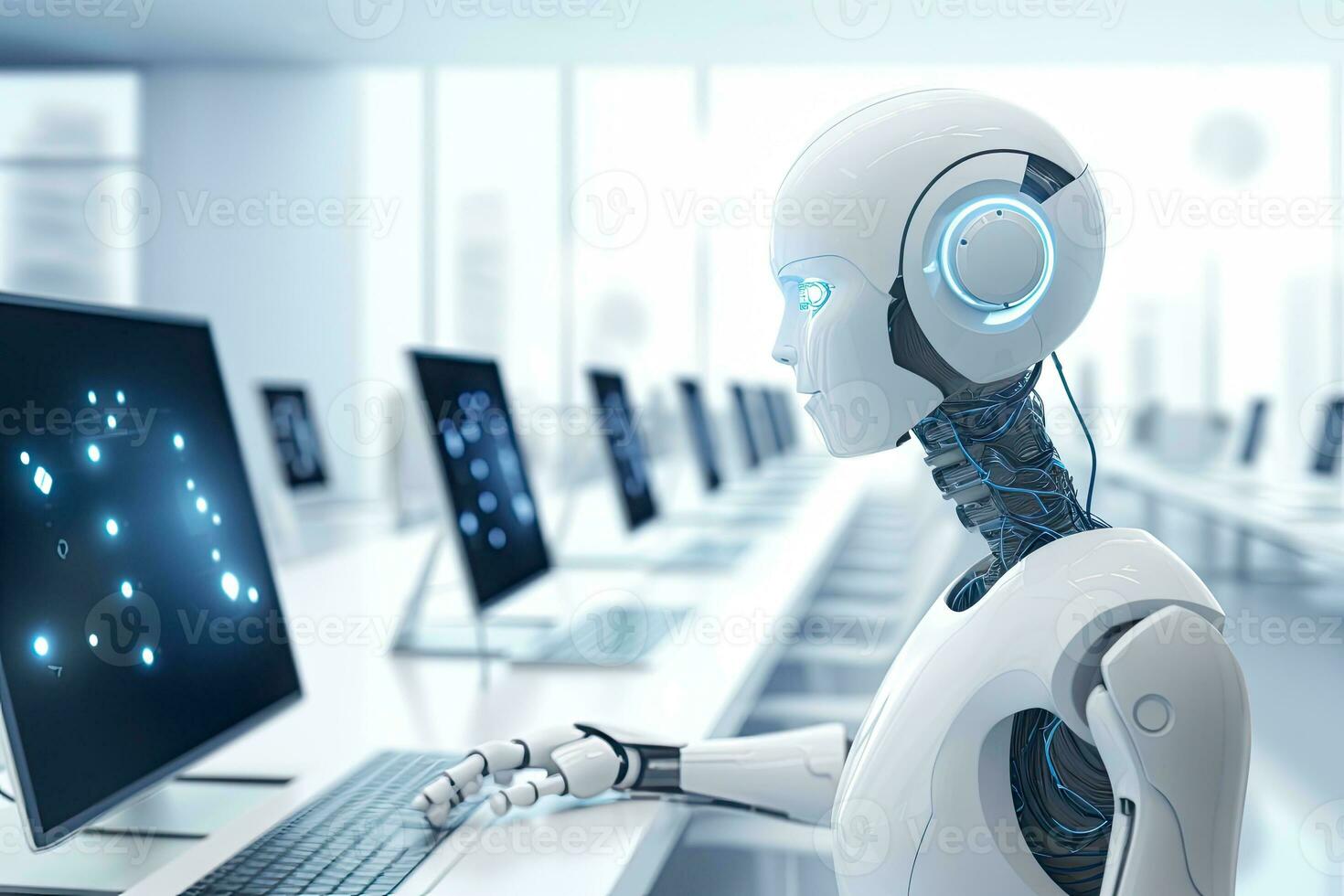 AI Generated Robot sitting at desk with laptop computer in front of him. by Generative AI. photo