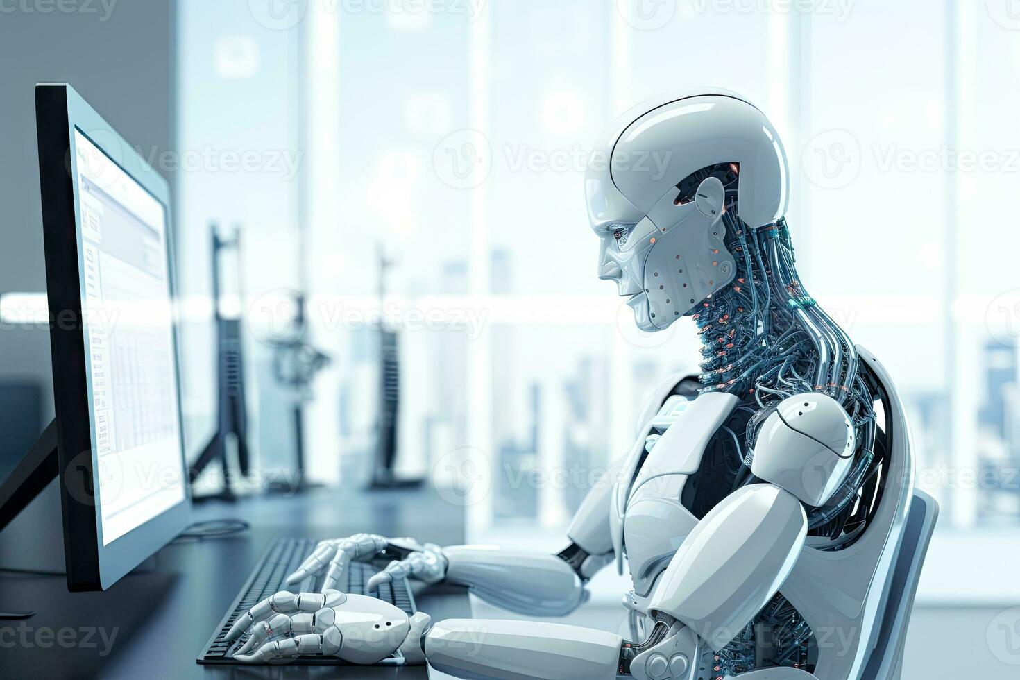 ai generado robot sentado a escritorio con ordenador portátil computadora en frente de a él. por generativo ai. foto