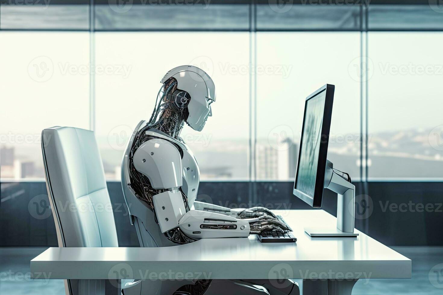 AI Generated Robot sitting at desk with laptop computer in front of him. by Generative AI. photo