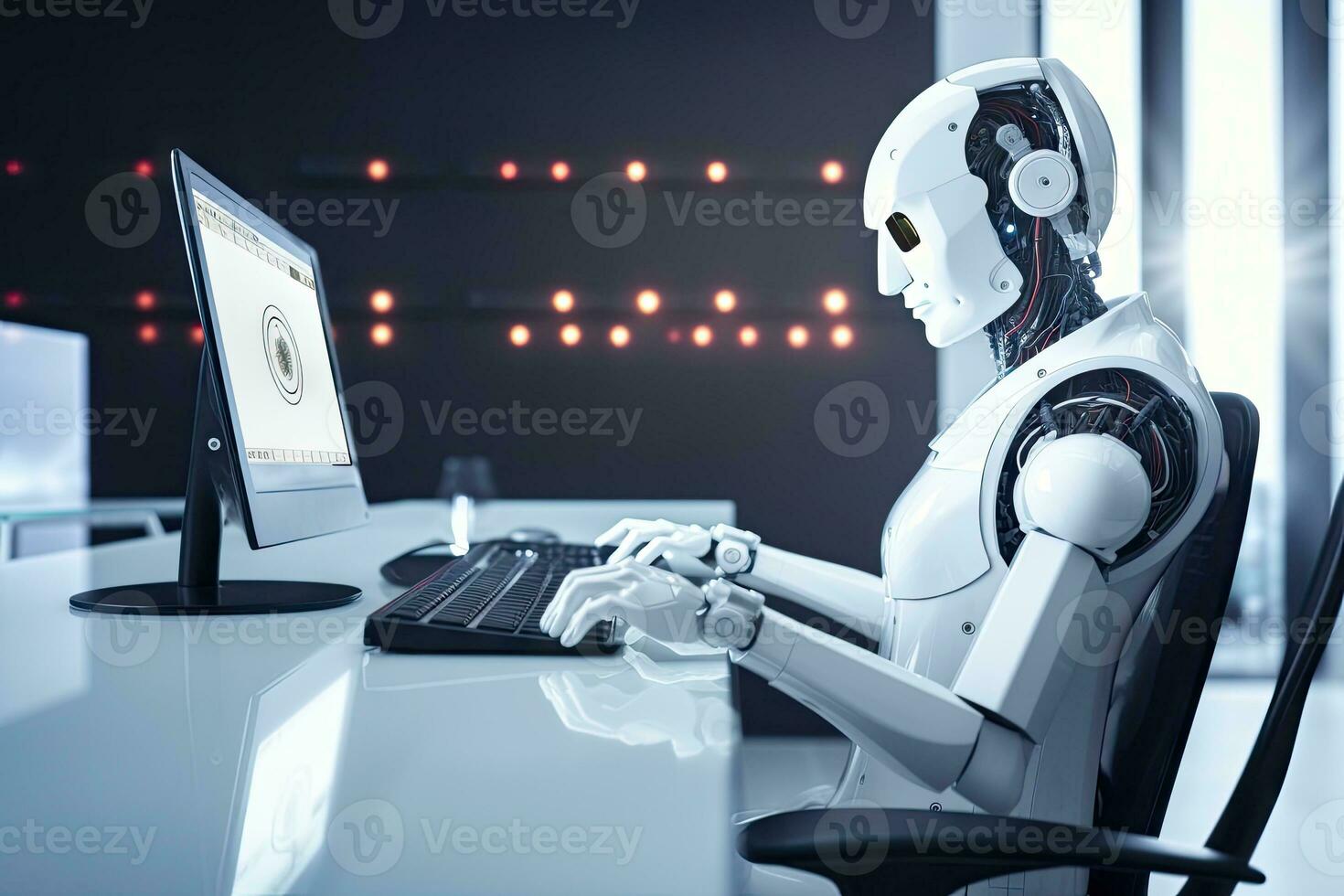 AI Generated Robot sitting at desk with laptop computer in front of him. by Generative AI. photo