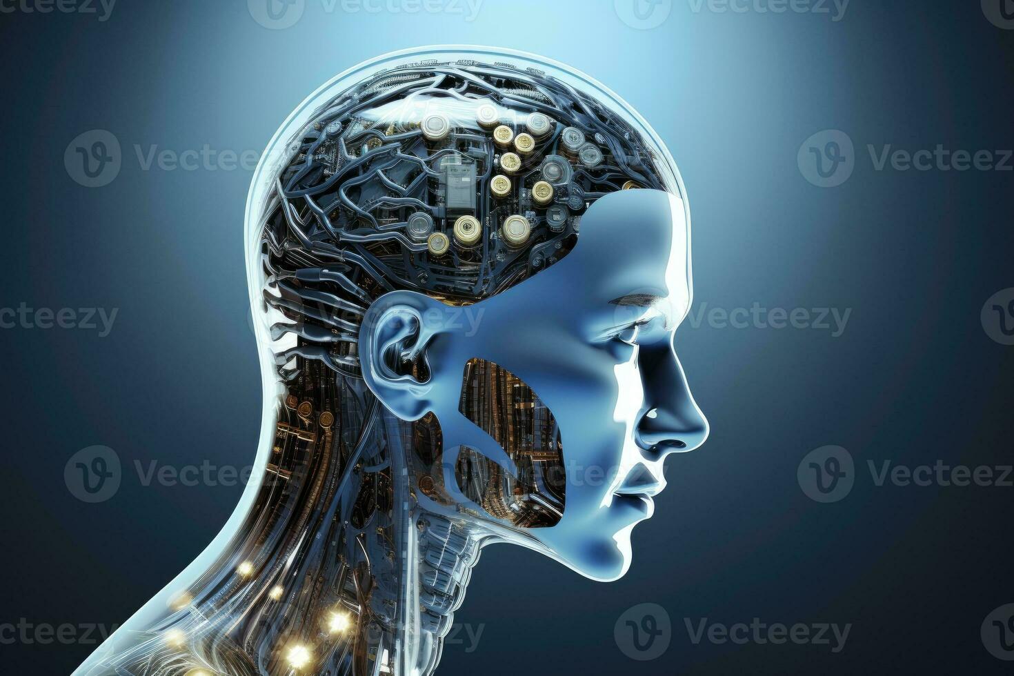 AI Generated A symbolic concept image of AI technology fused with a human robot brain.by Generative AI. photo