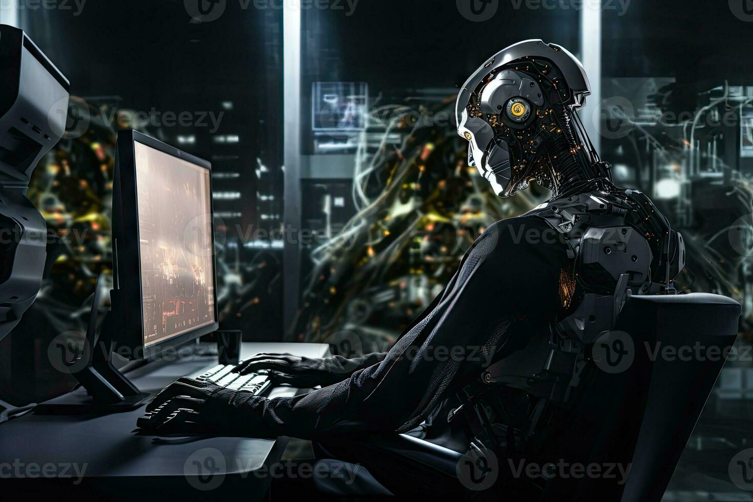 AI Generated Robot sitting at desk with laptop computer in front of him. by Generative AI. photo