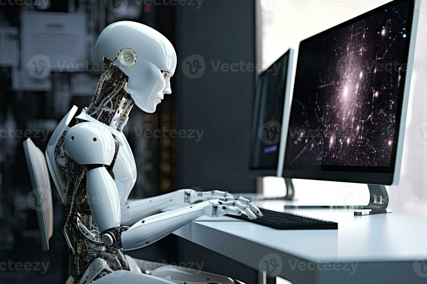 AI Generated Robot sitting at desk with laptop computer in front of him. by Generative AI. photo