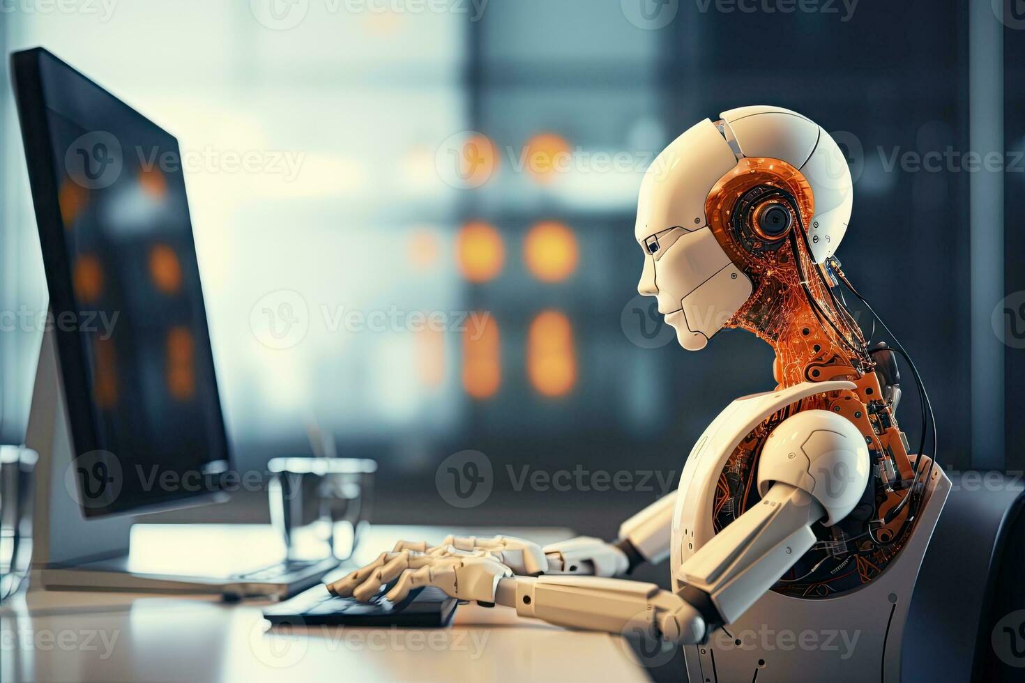 AI Generated Robot sitting at desk with laptop computer in front of him. by Generative AI. photo