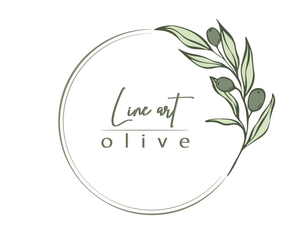 Botanical line illustration of olive leaves, branch wreath for wedding invitation and cards, logo design, web, social media and posters template. Elegant minimal style floral vector isolated.