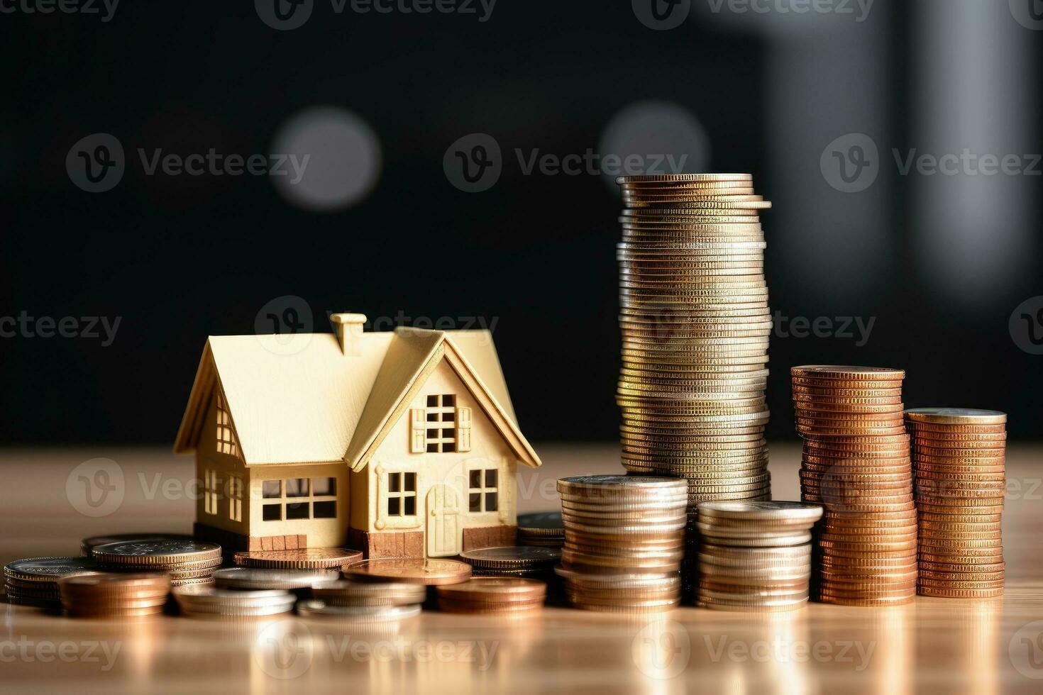 AI Generated Small model house with coins, buy and sell house concept by Generative AI photo