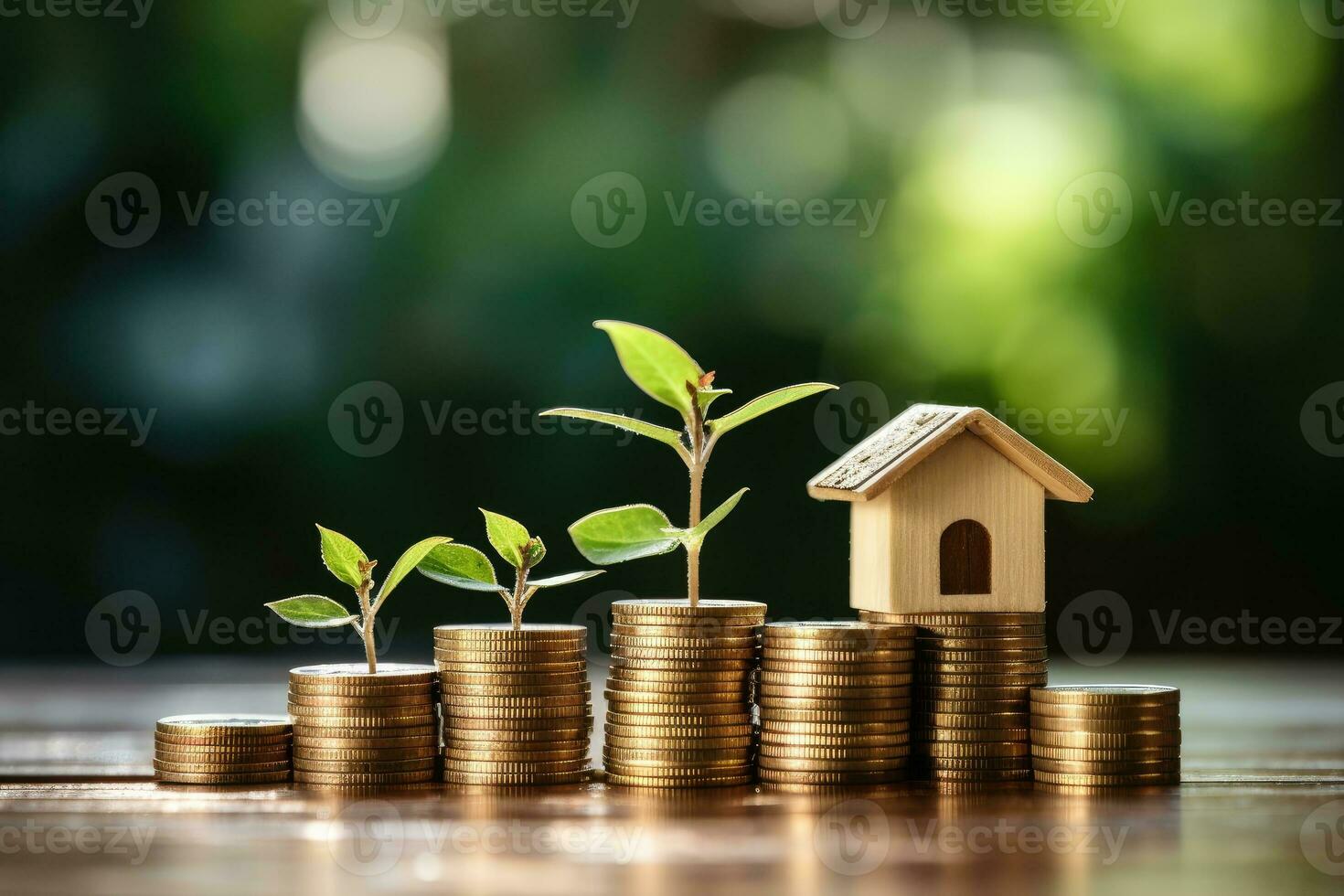 AI Generated Small model house with coins, buy and sell house concept by Generative AI photo