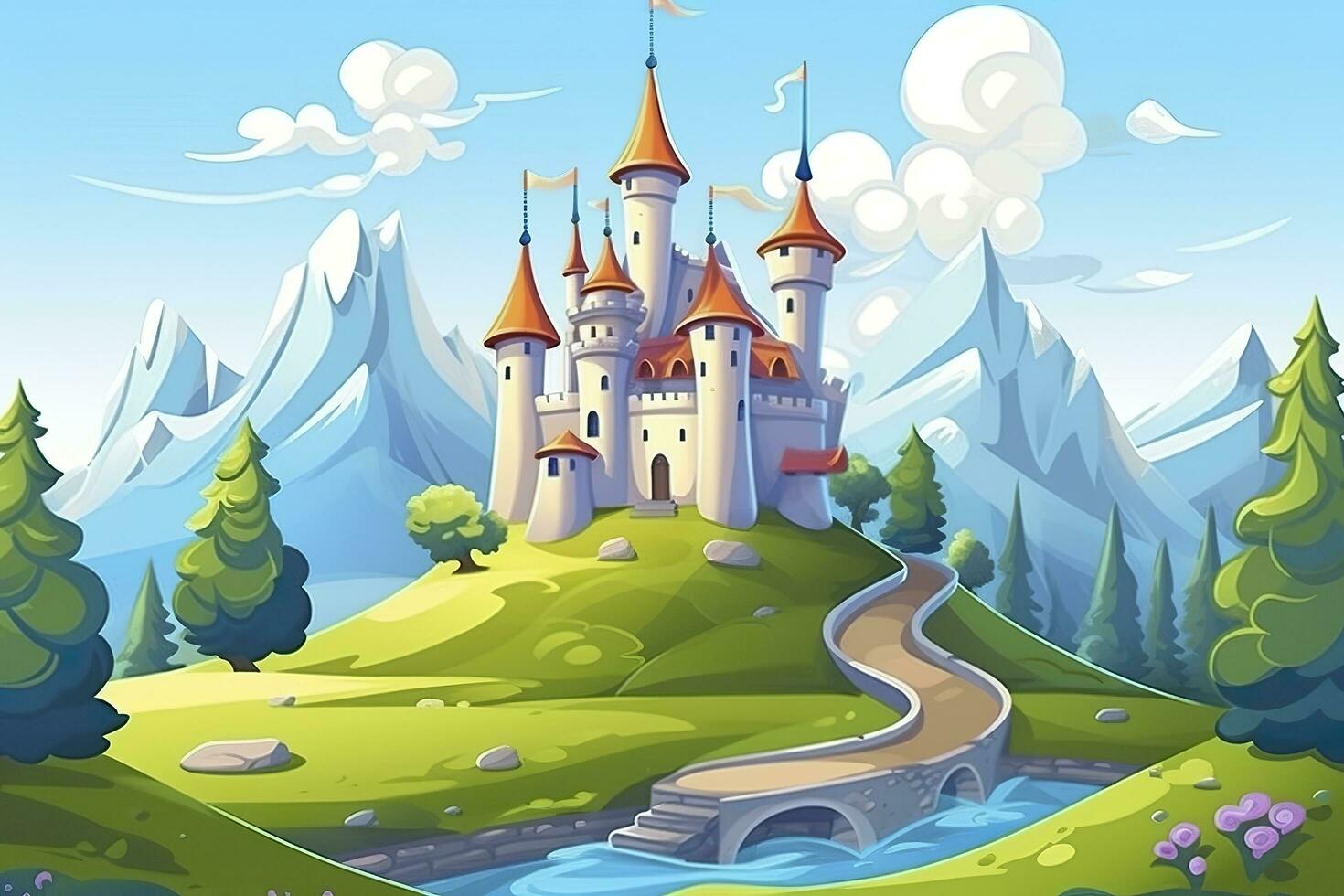 AI generated A World of Imagination. A 3D Landscape with Blue Sky, White Clouds, Green Grass, Mountains, a River, and a Large Castle. AI Generative photo