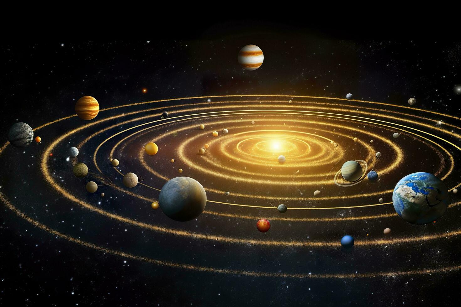 AI generated Our 3d Solar system with planets in orbits path. AI Generative photo