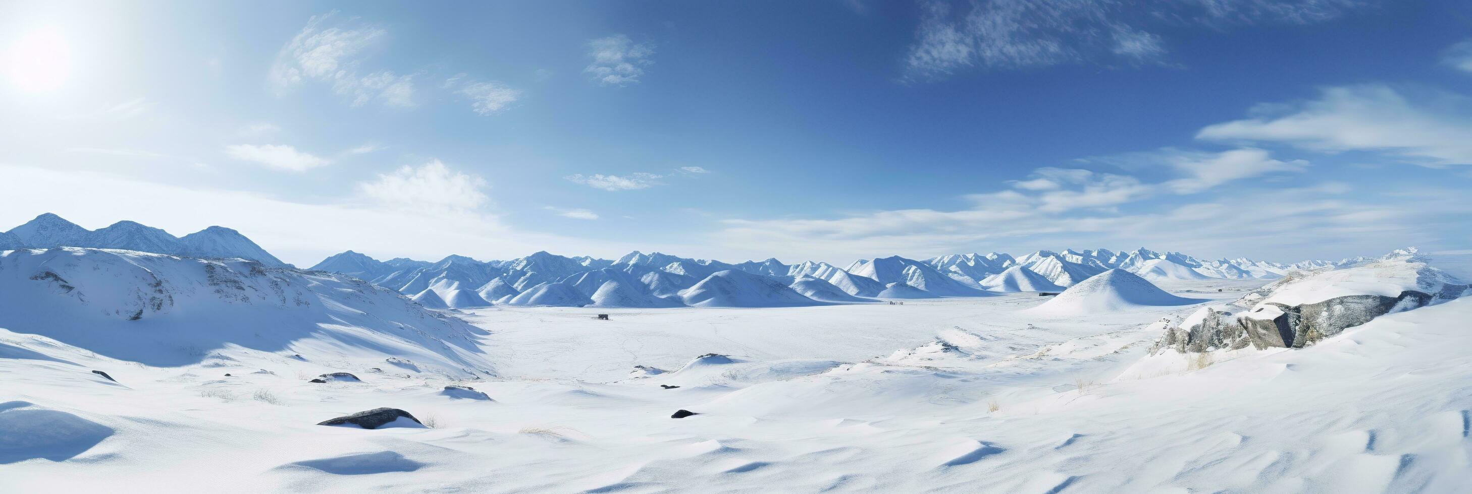 AI generated vast desolated snow land, big mountains in the background, snowfall with light blue sky and light blue colors, peaceful atmosphere,  AI Generative photo