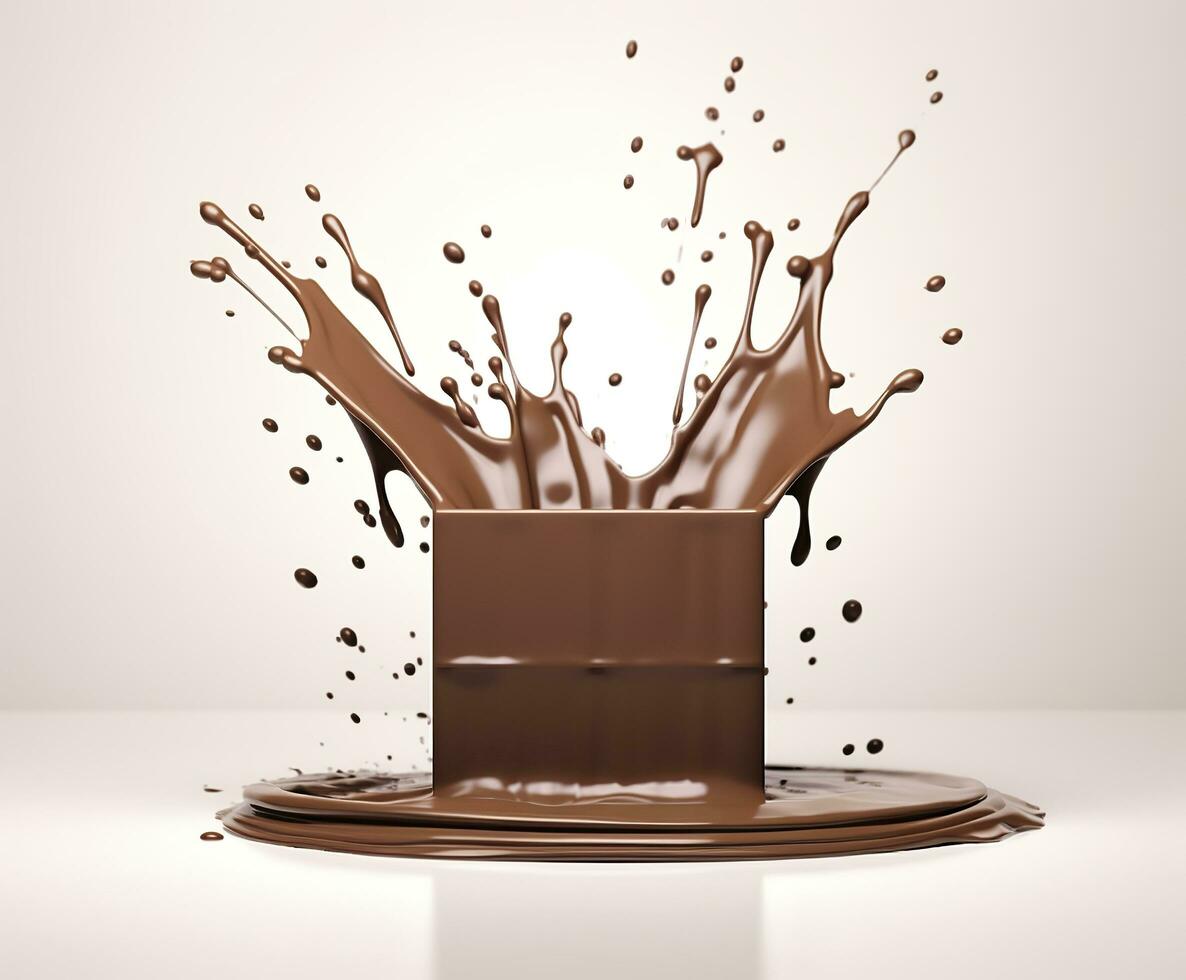 AI generated Chocolate splash with a podium, mockup background for milk product display, 3d. Generative AI photo